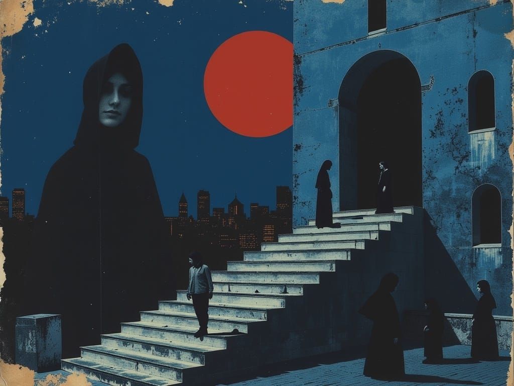 Mystical Woman Dances on Stairway in Dystopian Cathedral