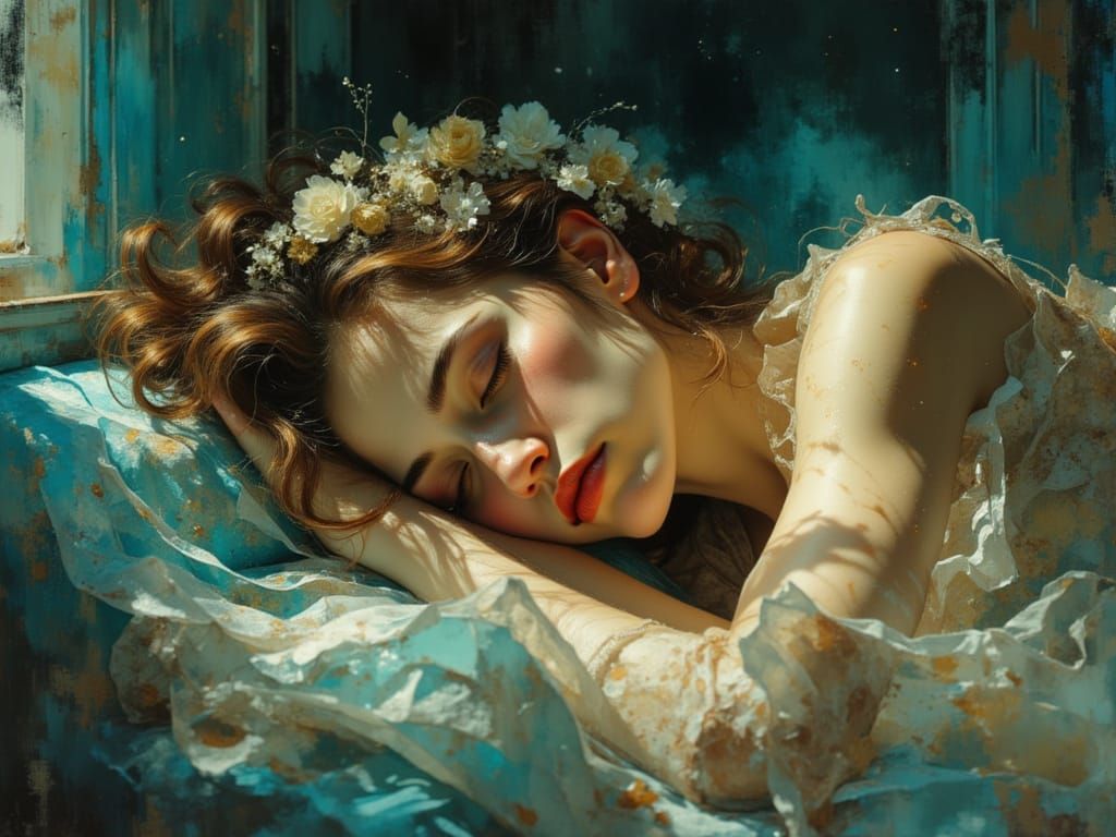 Peaceful Woman Sleeping in Volumetric Light