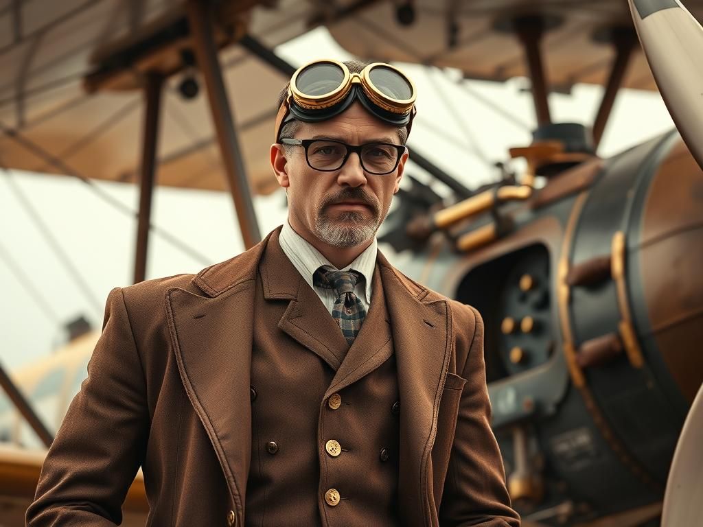 Steampunk Airplane and Gentleman in Hyperrealistic Detail