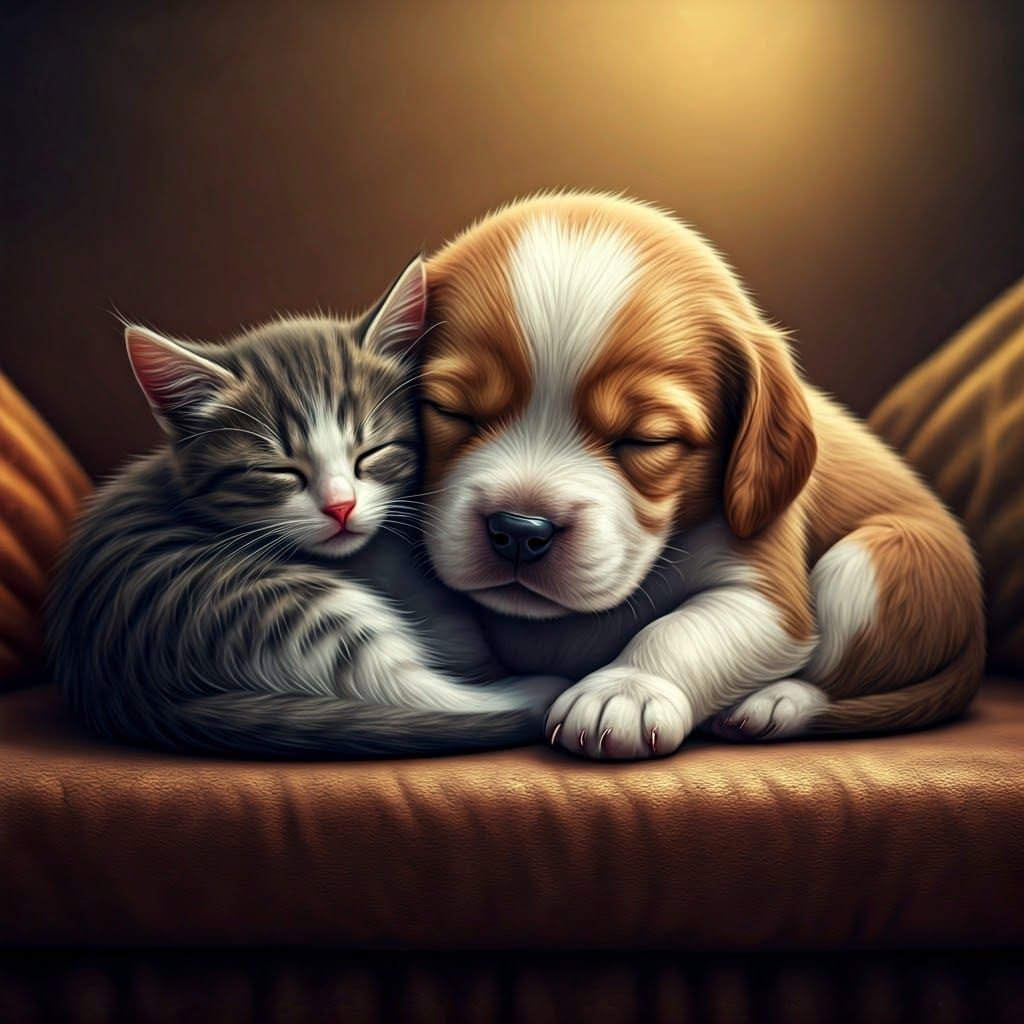 Kitten and Puppy Snuggle Peacefully on Plush Couch