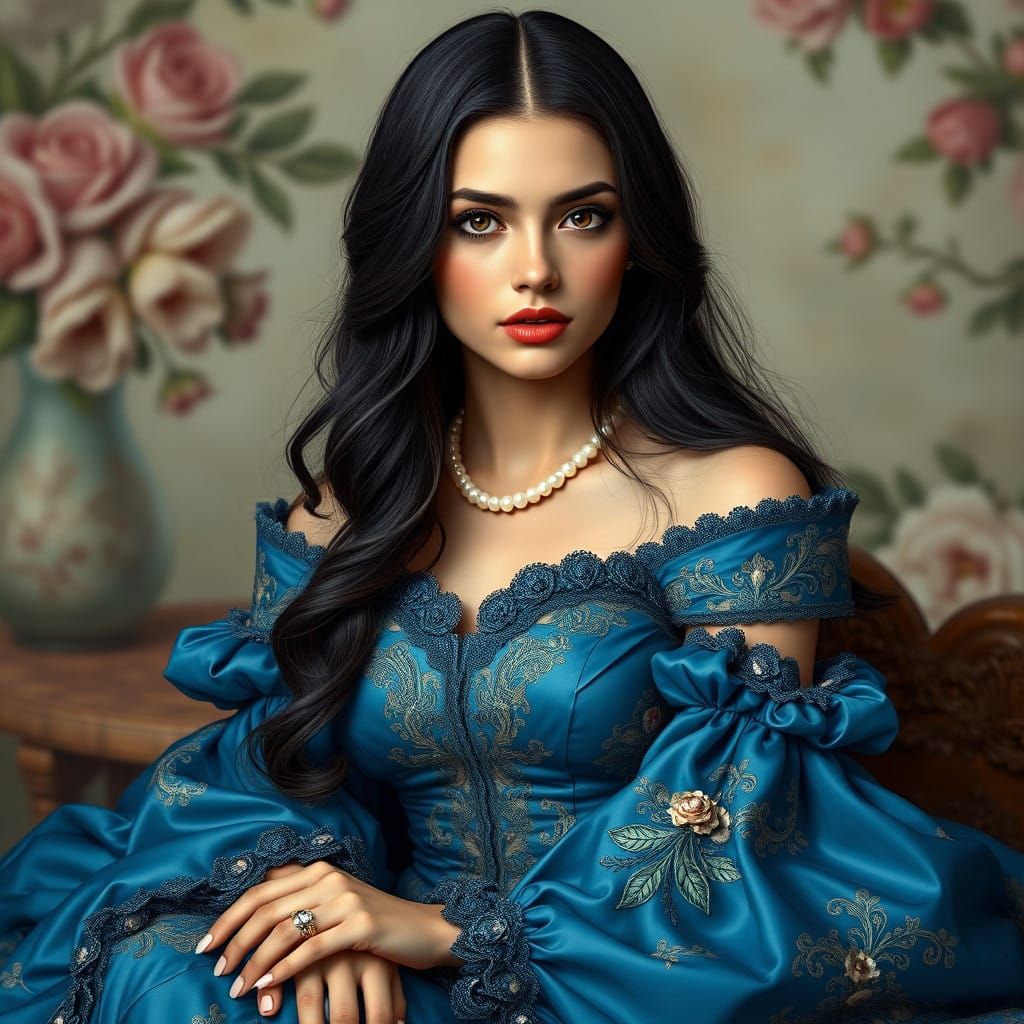 Regal Woman in Elegant Blue Gown with Floral Patterns