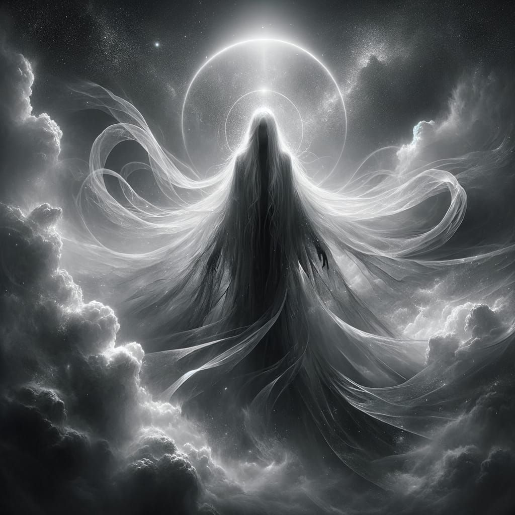 Ethereal Spirit Radiates Halo of Light Amidst Clouds