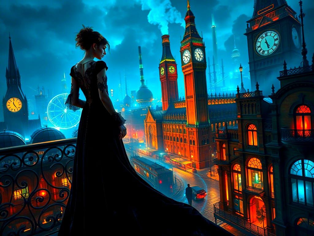Gothic Woman Overlooking Neon Steampunk City