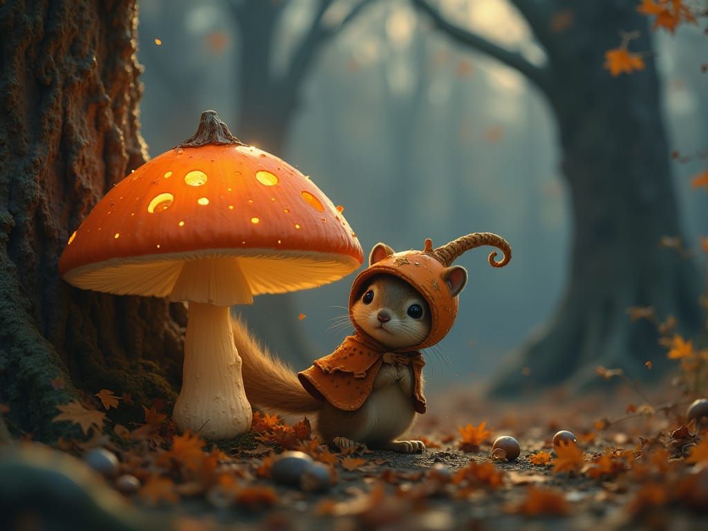 Whimsical Squirrel with Pumpkin Helmet in Enchanted Forest