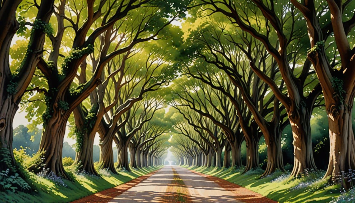 Romantic Watercolor Masterpiece of a Tree Tunnel