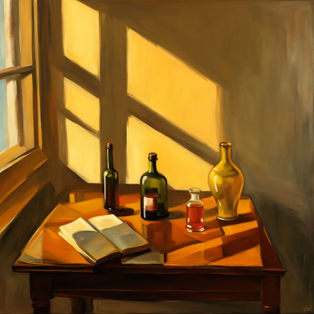 Still Life with Bottles and Books in Oil