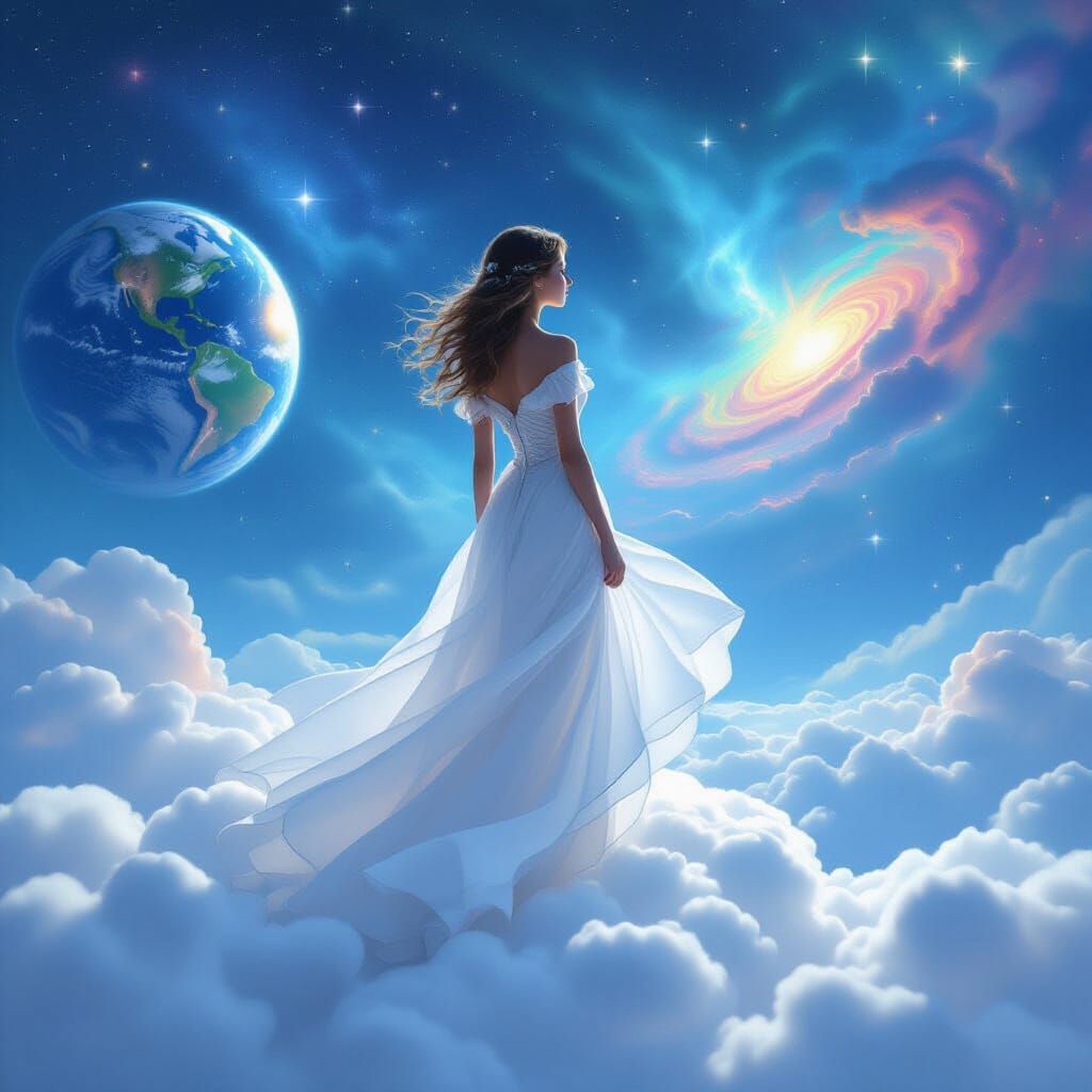 Woman on Cloud Gazing at Earth in Cosmic Fantasy Art