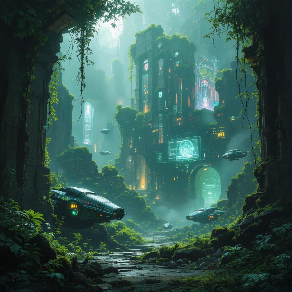 Overgrown City Ruins with Bioluminescent Flora and Tech