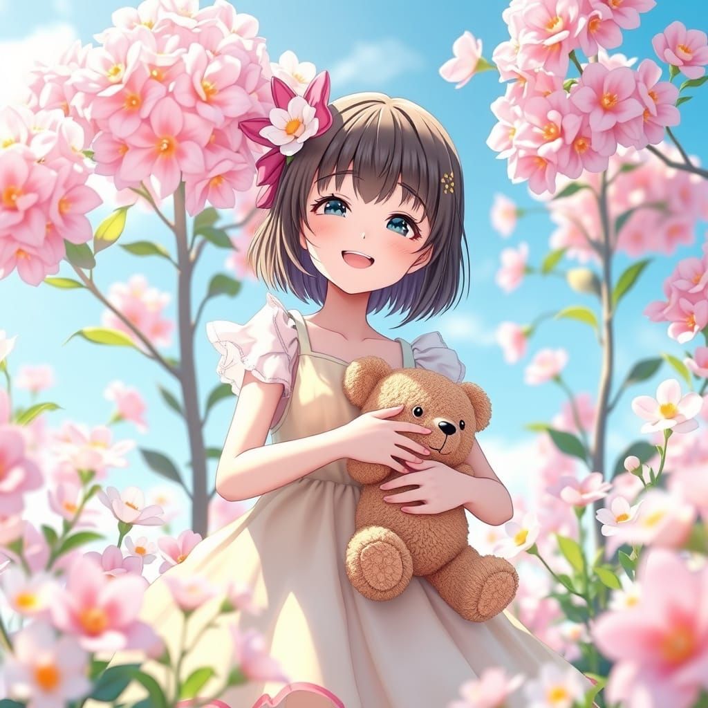 Sunny Girl Surrounded by Vibrant Blooms in Whimsical Anime S...