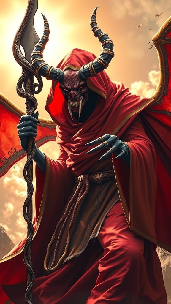 Evil Creature in Crimson Robe With Glowing Eyes and Fangs