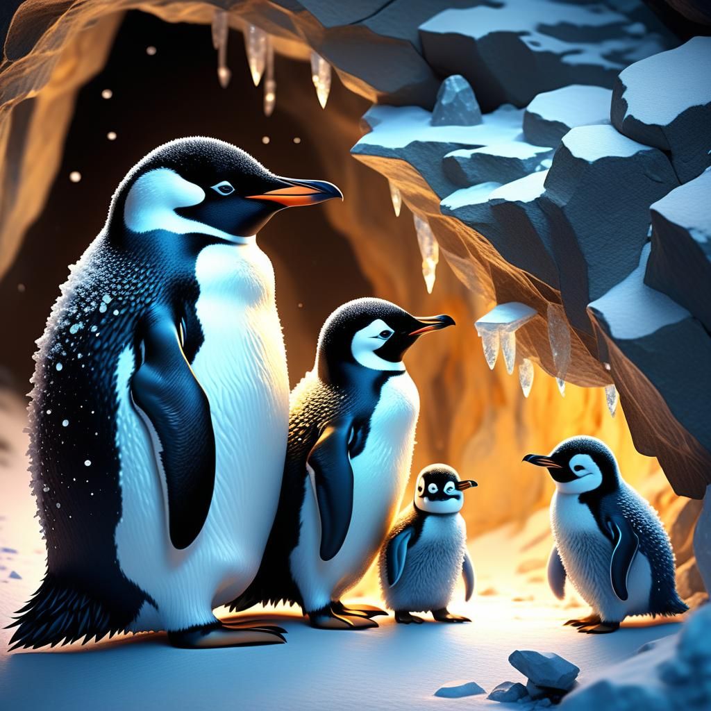Penguins Huddling in Snowy Cave, Fantasy Matte Painting