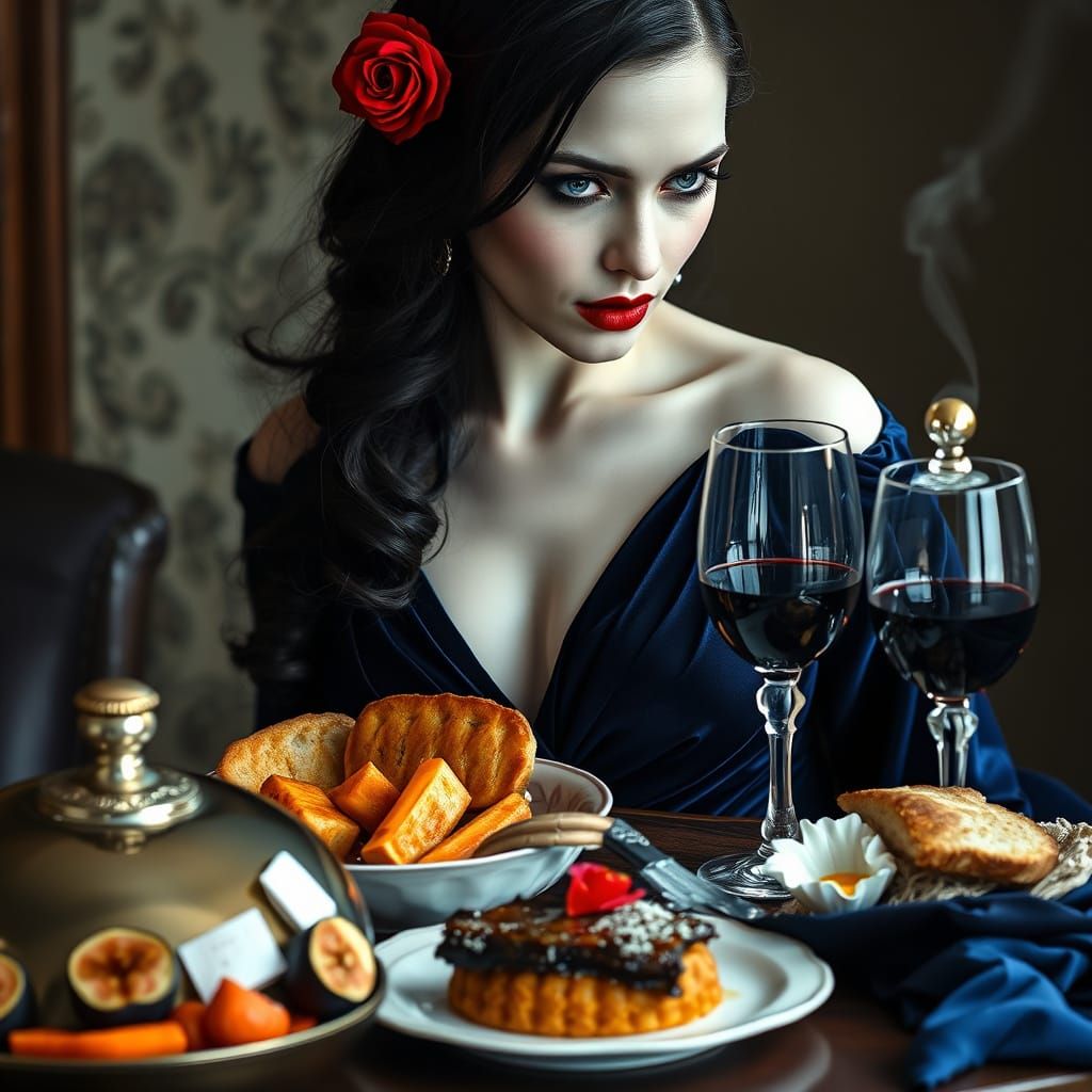 Vampire Seductress at Dinner, Dark Fantasy Art
