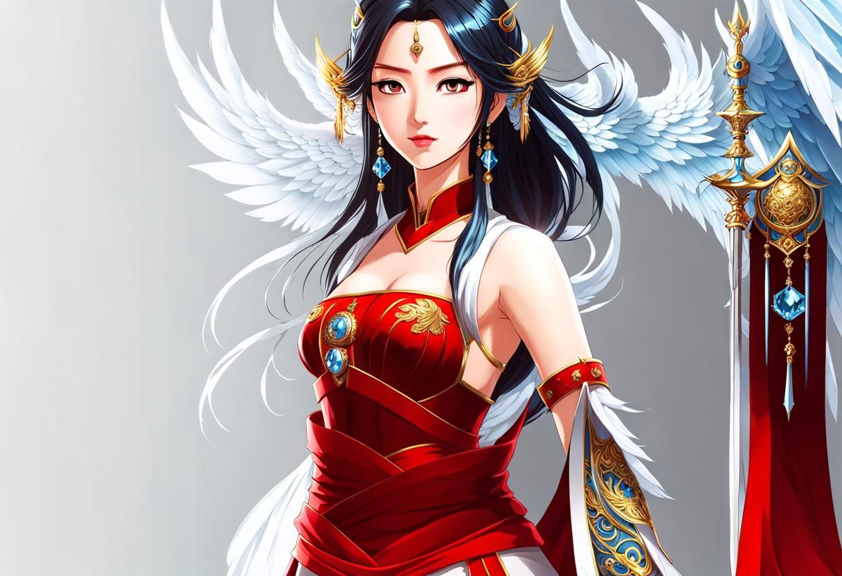 Attractive chinese holy goddess. Anime style. With intricate multilayered paladin armor and majestic robes and wings.