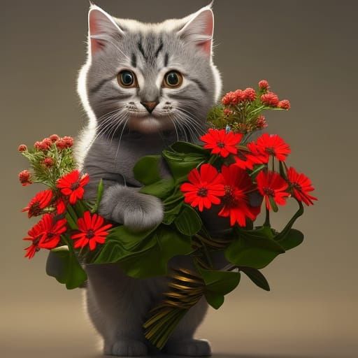 Cute Kitten with Flowers: Fantasy Concept Art