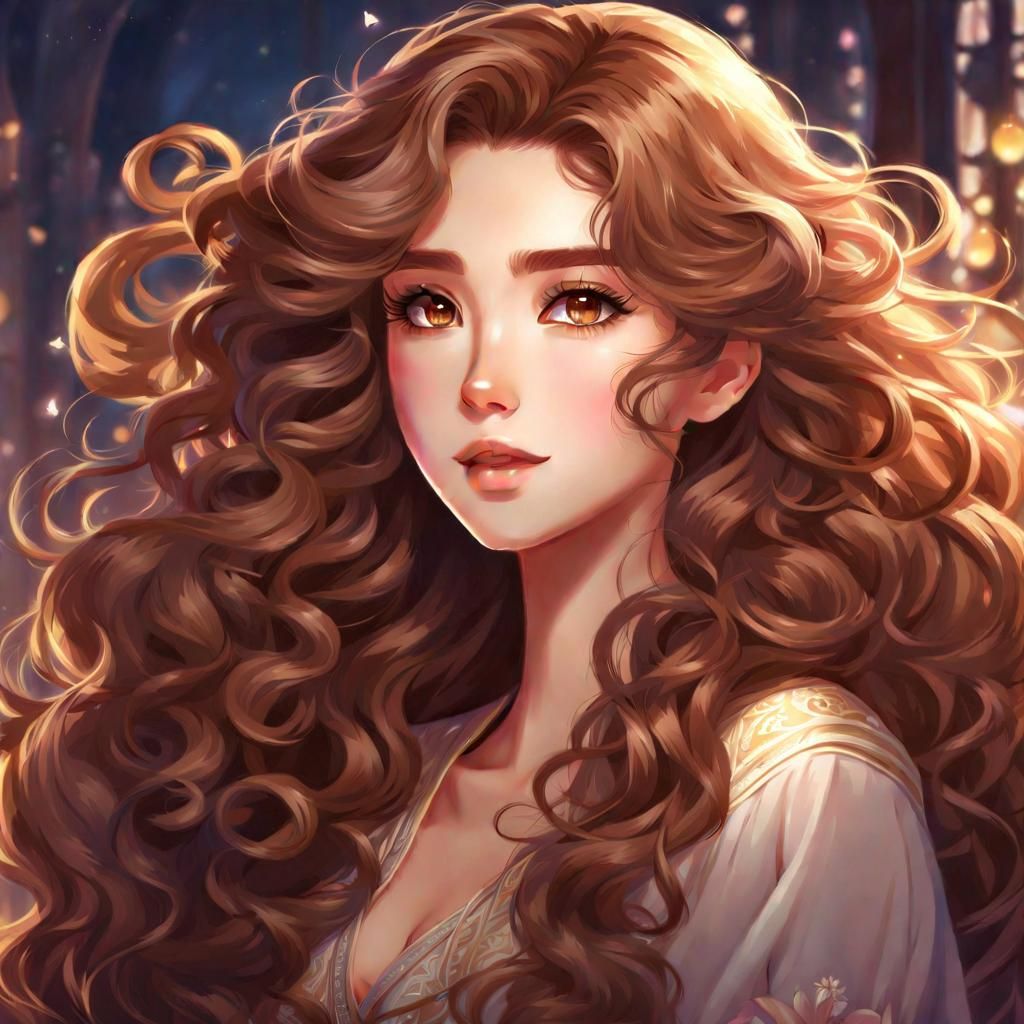 Anime Drawing of Woman with Long Curly Brown Hair