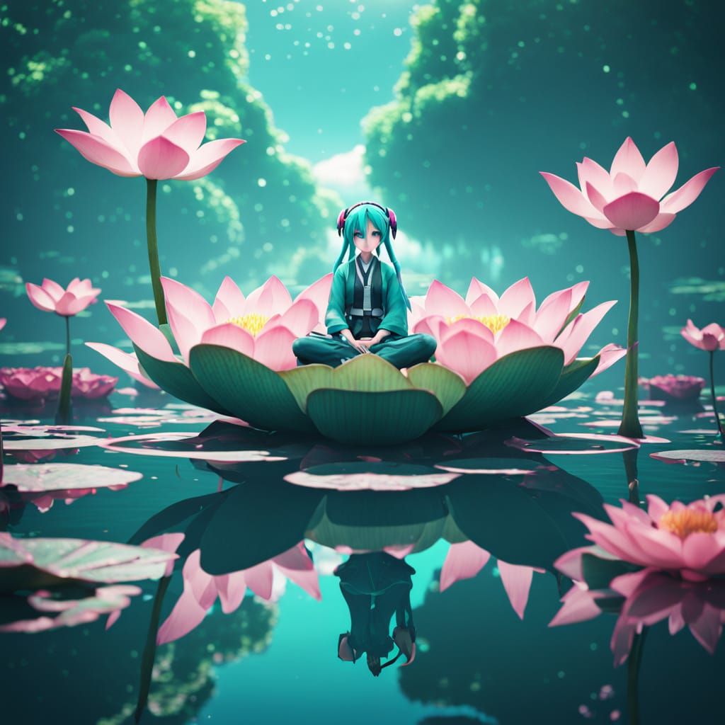 Hatsune Miku Meditating on Lotus Flower