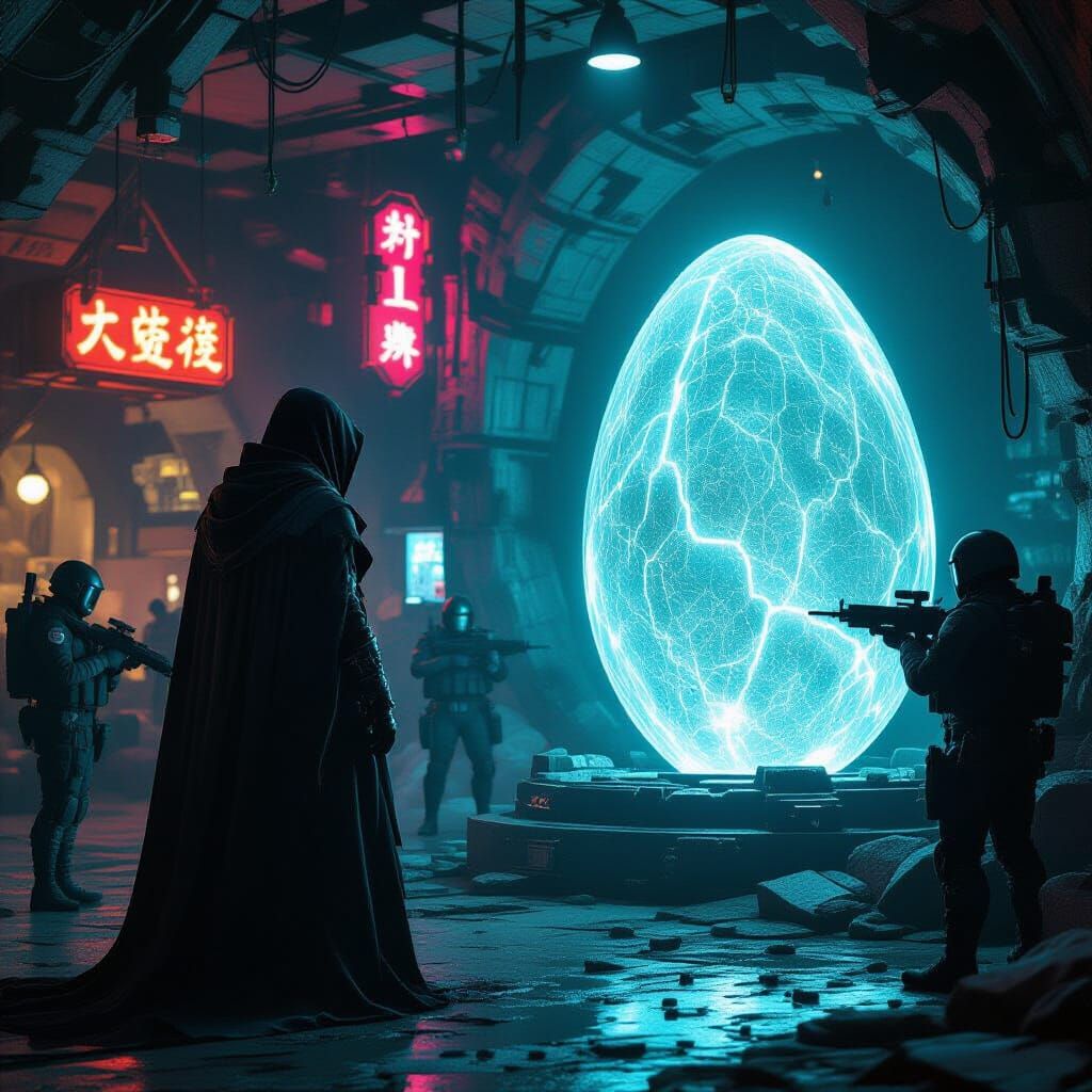 Noir Figure Examines Alien Egg in Asteroid Bazaar