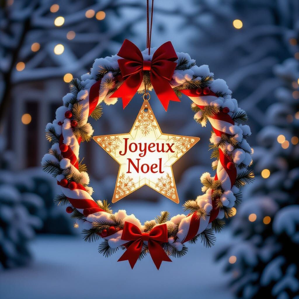Snowy Christmas Wreath with "JOYEUX NOEL" Banner