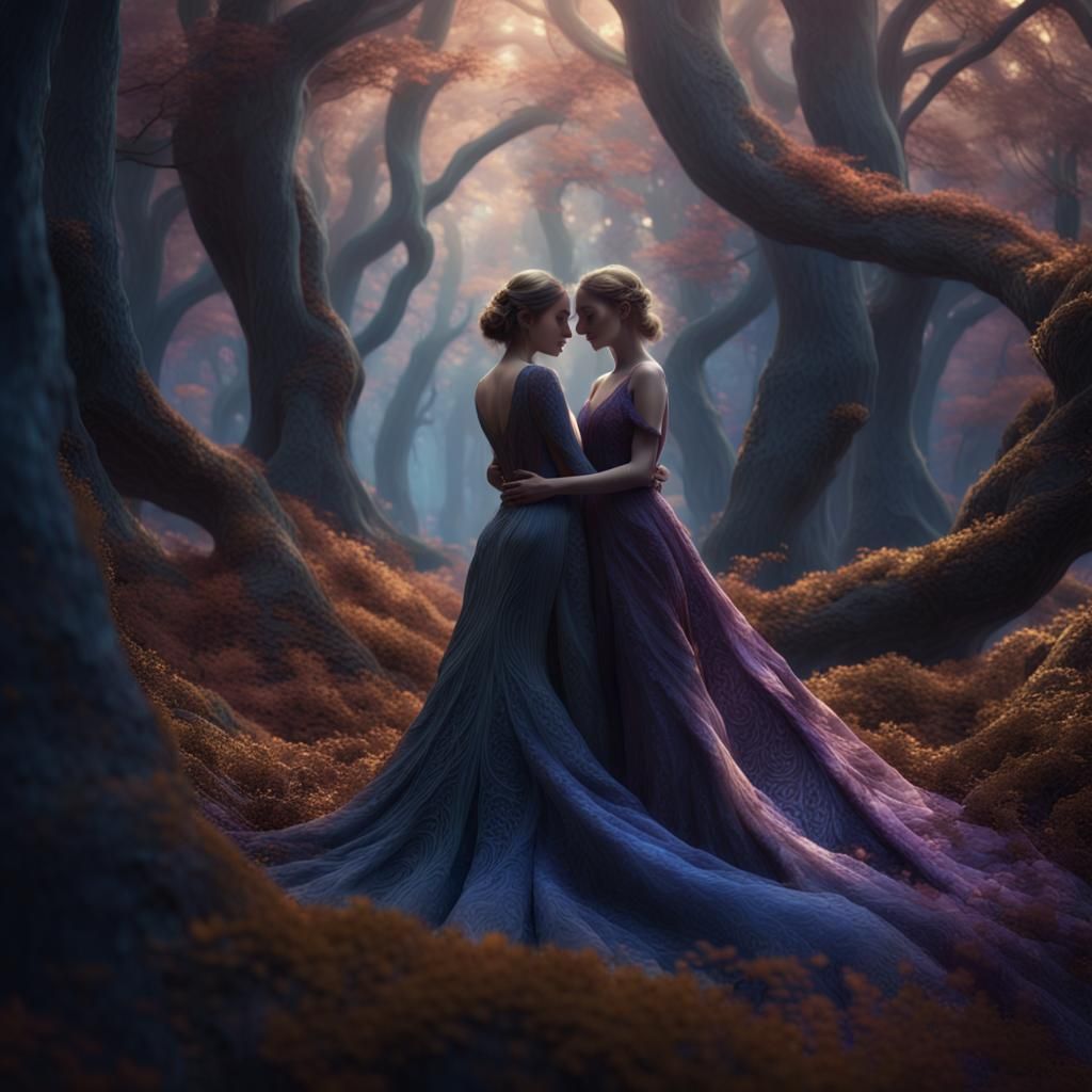 Elegant Embrace: Fantasy Art Nouveau Lesbian Couple