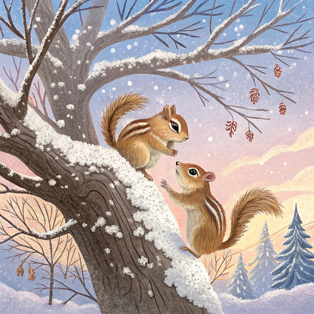 Chipmunks Play in Winter Wonderland, Watercolor Style
