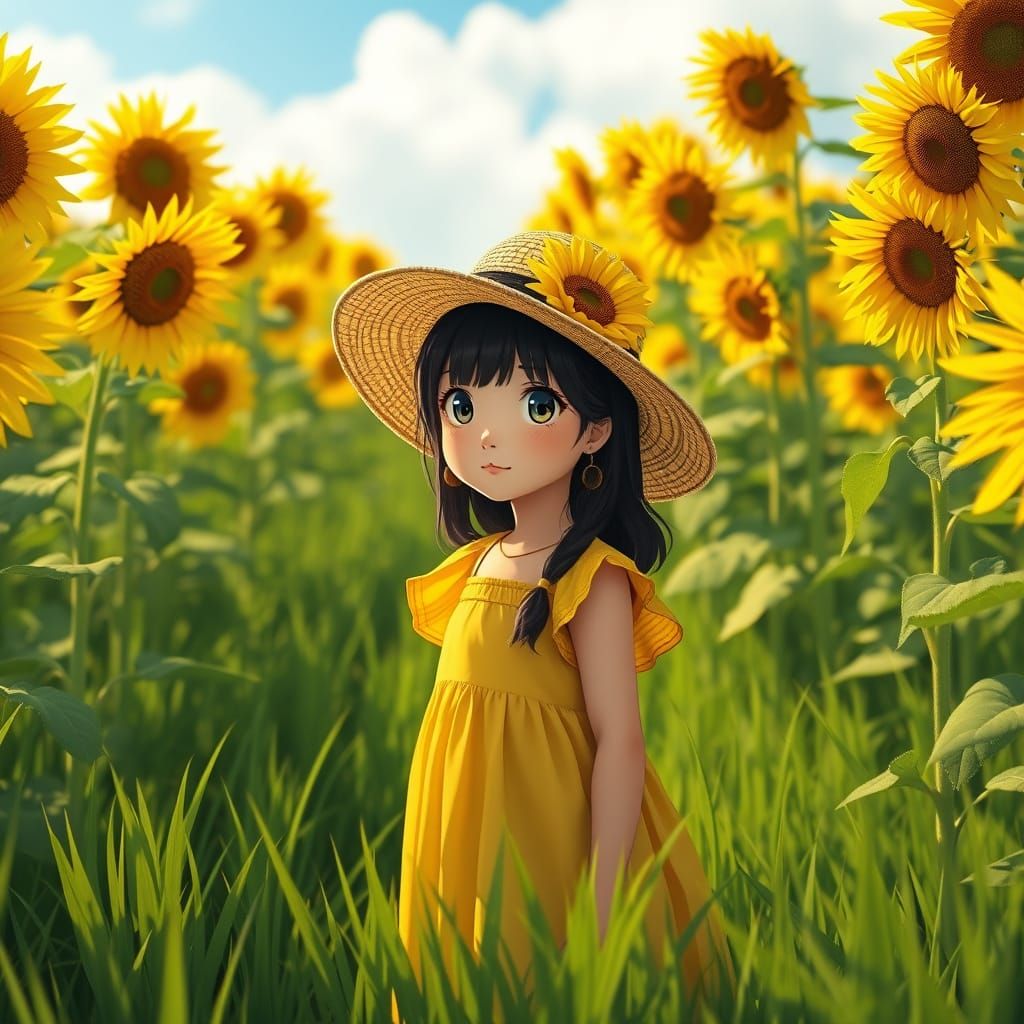 Surreal Girl Surrounded by Sunflowers in Whimsical Nature Sc...