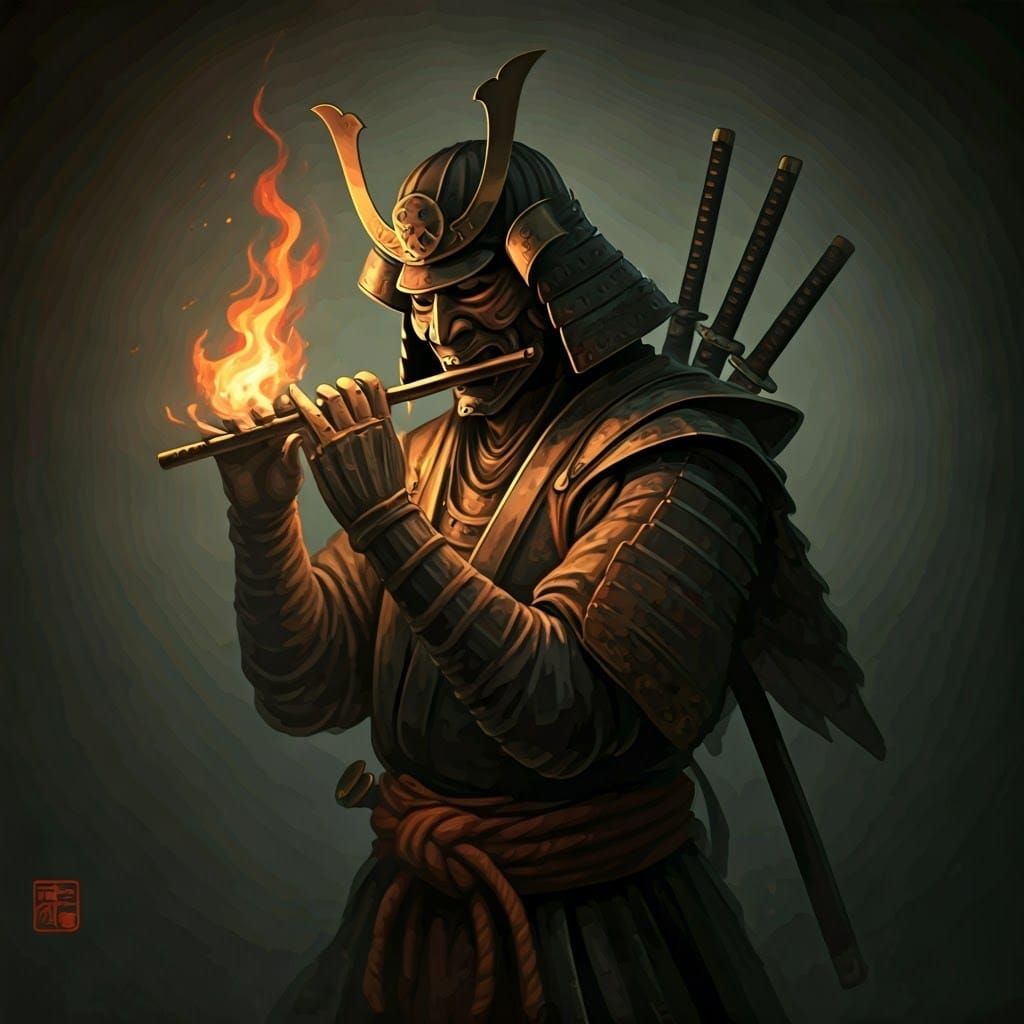 Samurai in a Haunting Oil Painting, Flute ablaze, Swords at ...