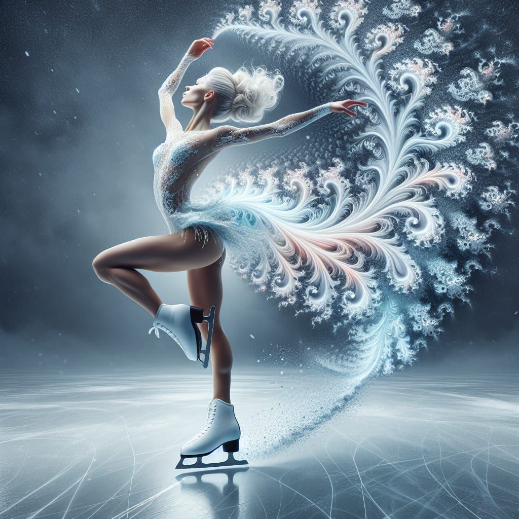 Elegant Skater Amidst Whirling Fractal Snowflakes