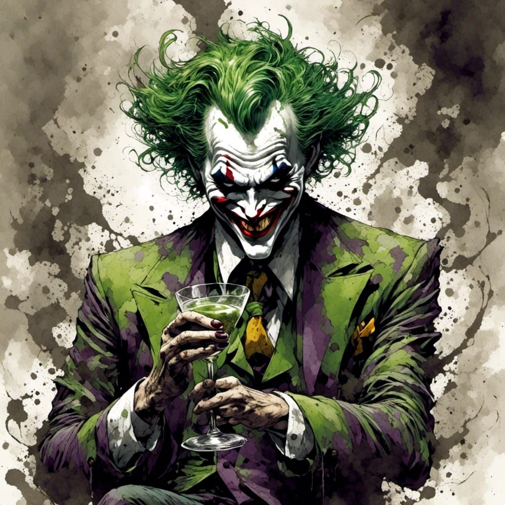 The Joker with Green Hair Drinking a Martini