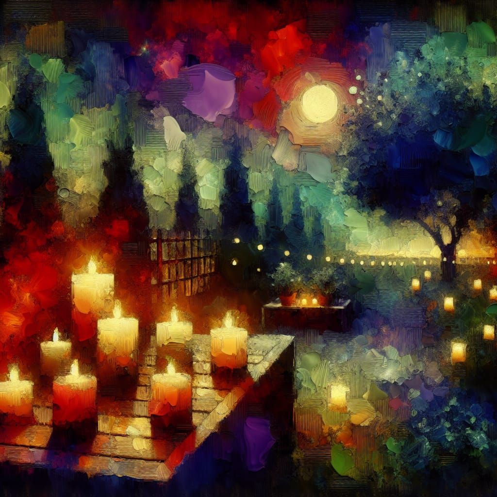 Vibrant Candles Illuminate a Nocturnal Garden in Smudge Grun...