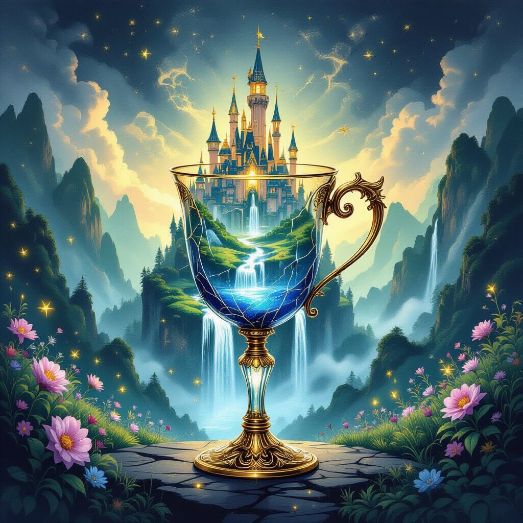 Fantasy Castle Emerges from Cracked Chalice, in Ink-and-Wash...