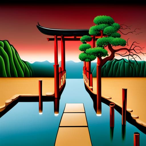 Surreal Celestial Japanese Garden with Torii Gate