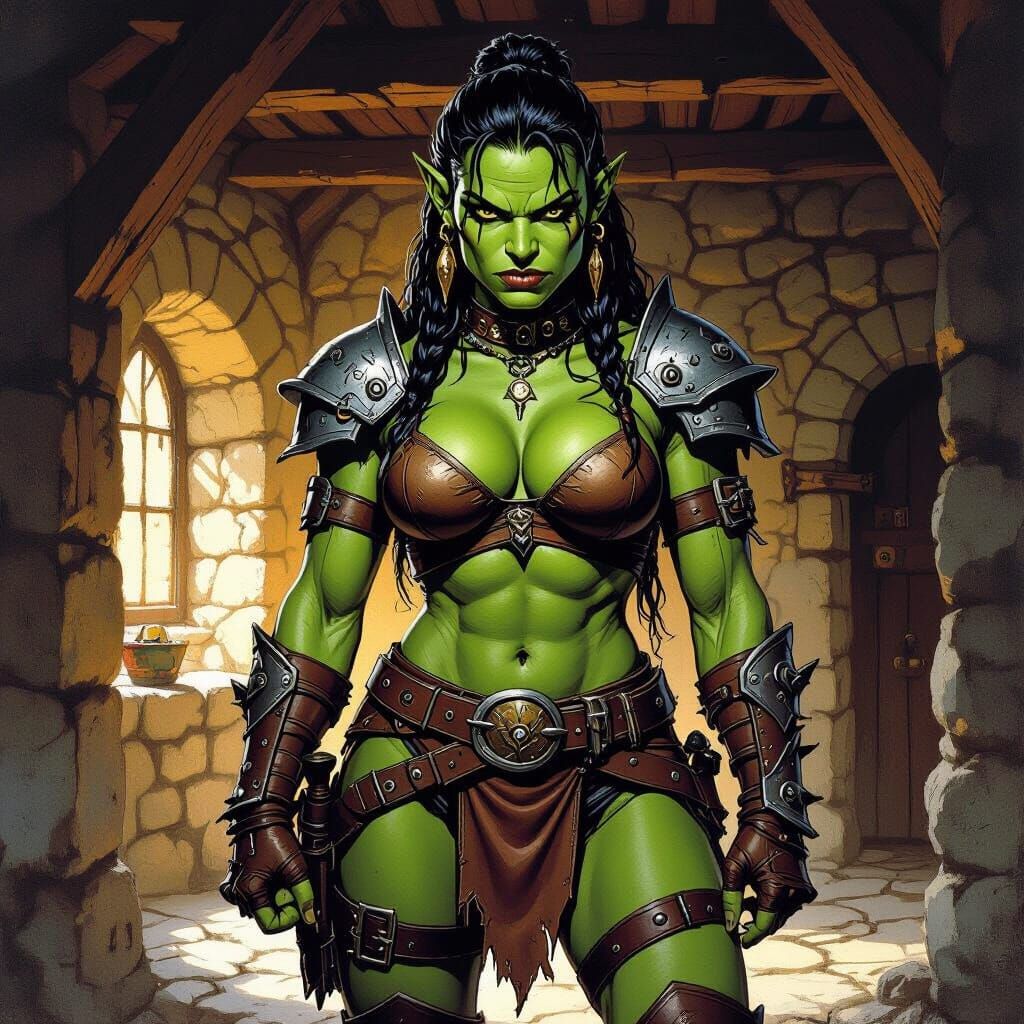 Orc Warrior in Medieval Home, Frazetta-inspired Art