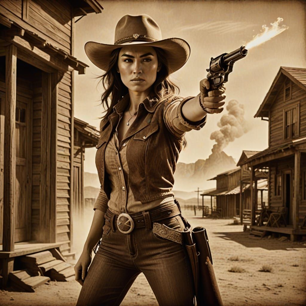 Vintage Western Lady Shooting Revolver in Sepia Tones