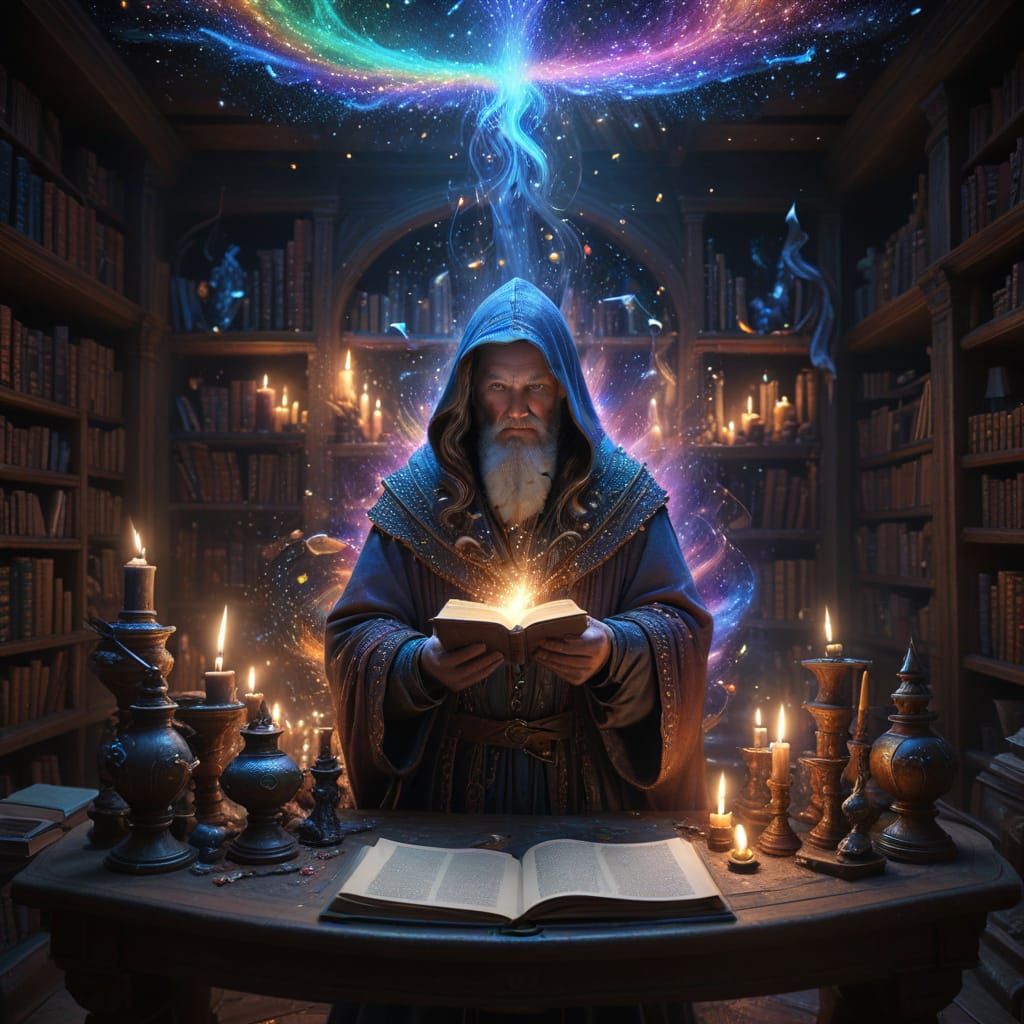 Ethereal Wizard Enchants in Vibrant, Maximalist Chamber