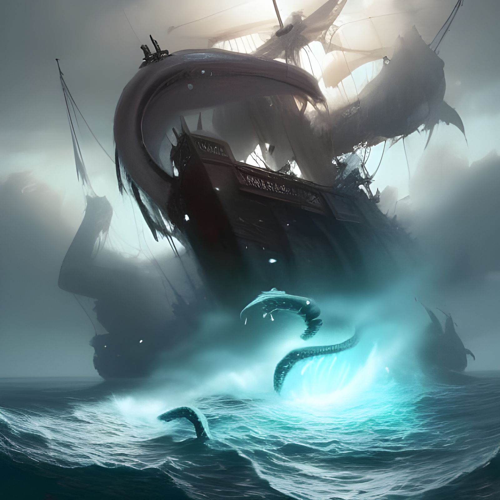 Kraken Attack on Pirate Ship, Artstation Style