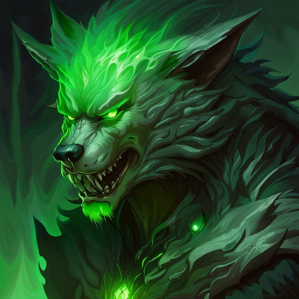Armored Werewolf Necromancer with Glowing Green Eyes
