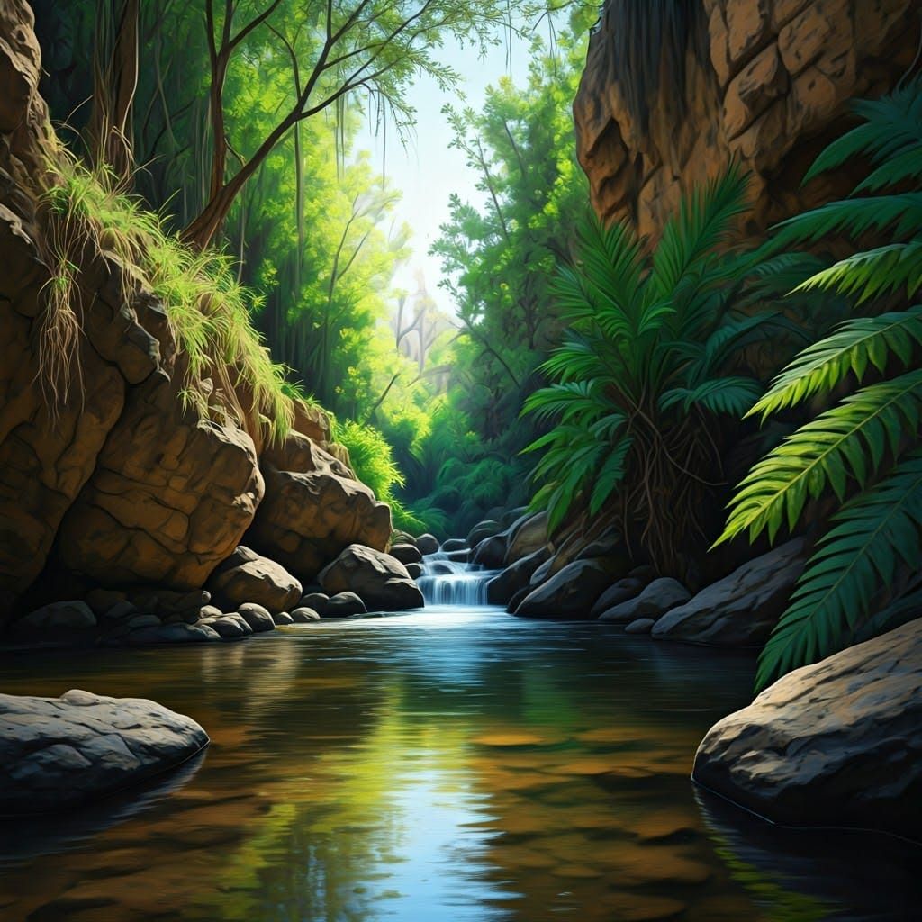 Banias Stream Charcoal Sketch with Surrealist Flair