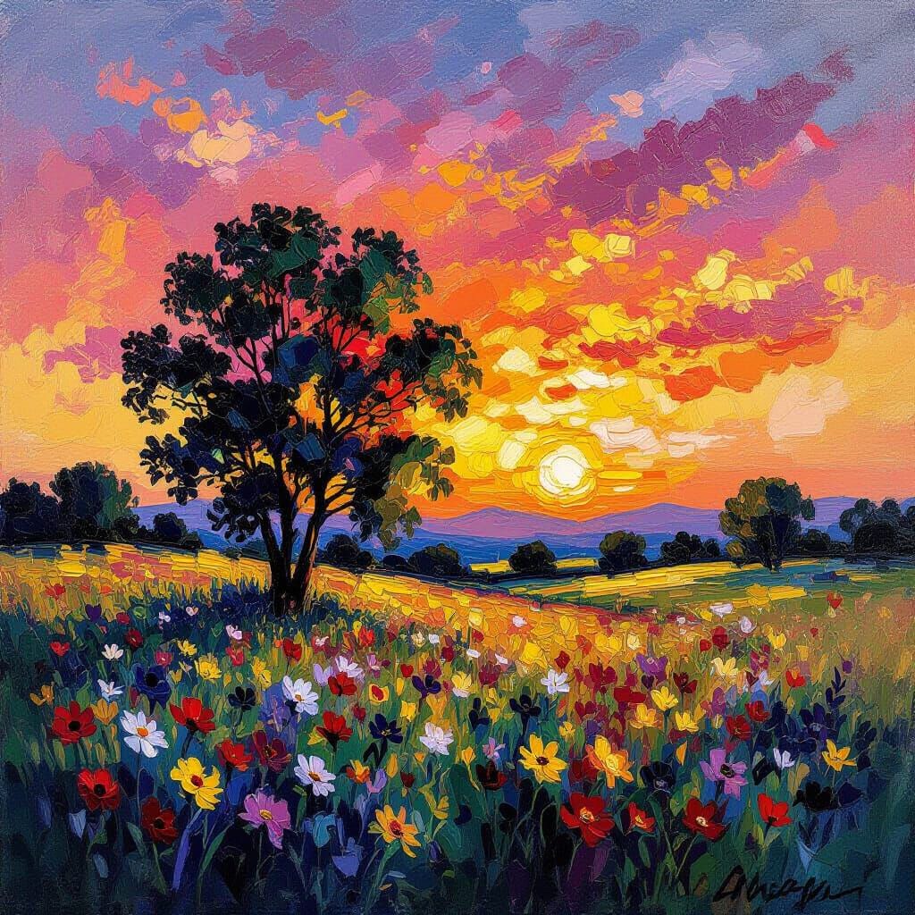 Kaleidoscopic Sky Over Wildflower Meadow in Impasto