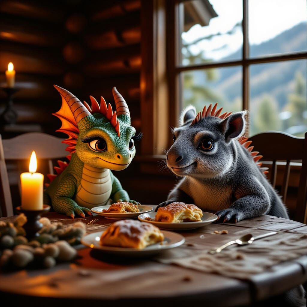 Baby Dragons and Tapir Enjoy Strudel in Cozy Cabin