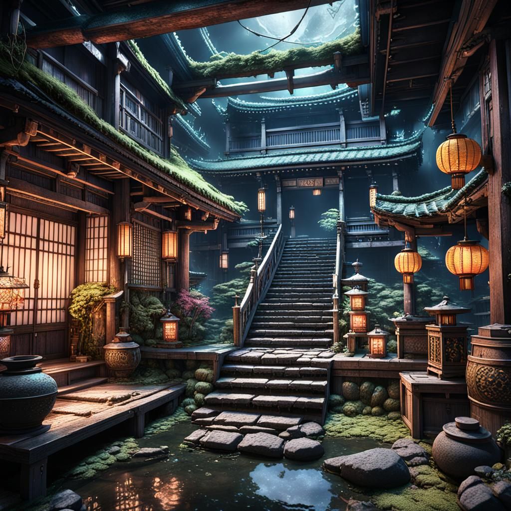 Enchanted Japanese Arcane Basement in Detailed Matte Paintin...