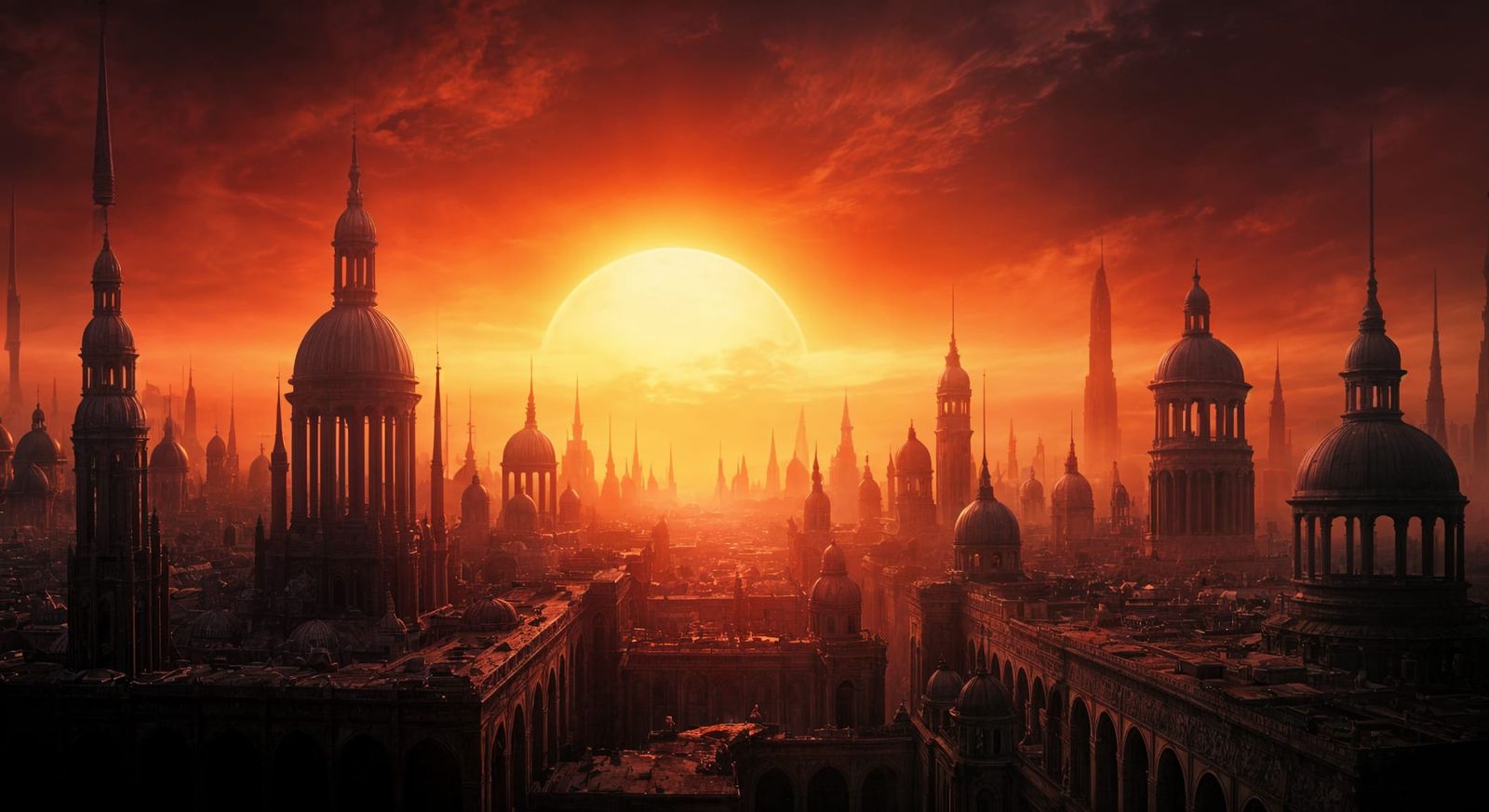 Baroque Gothic Cityscape Under a Red Sun