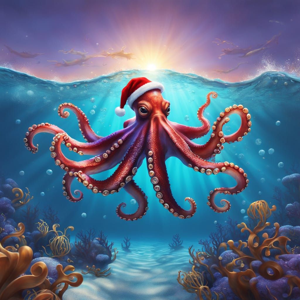 Festive Red Octopus in Santa Hat: 3D Digital Art