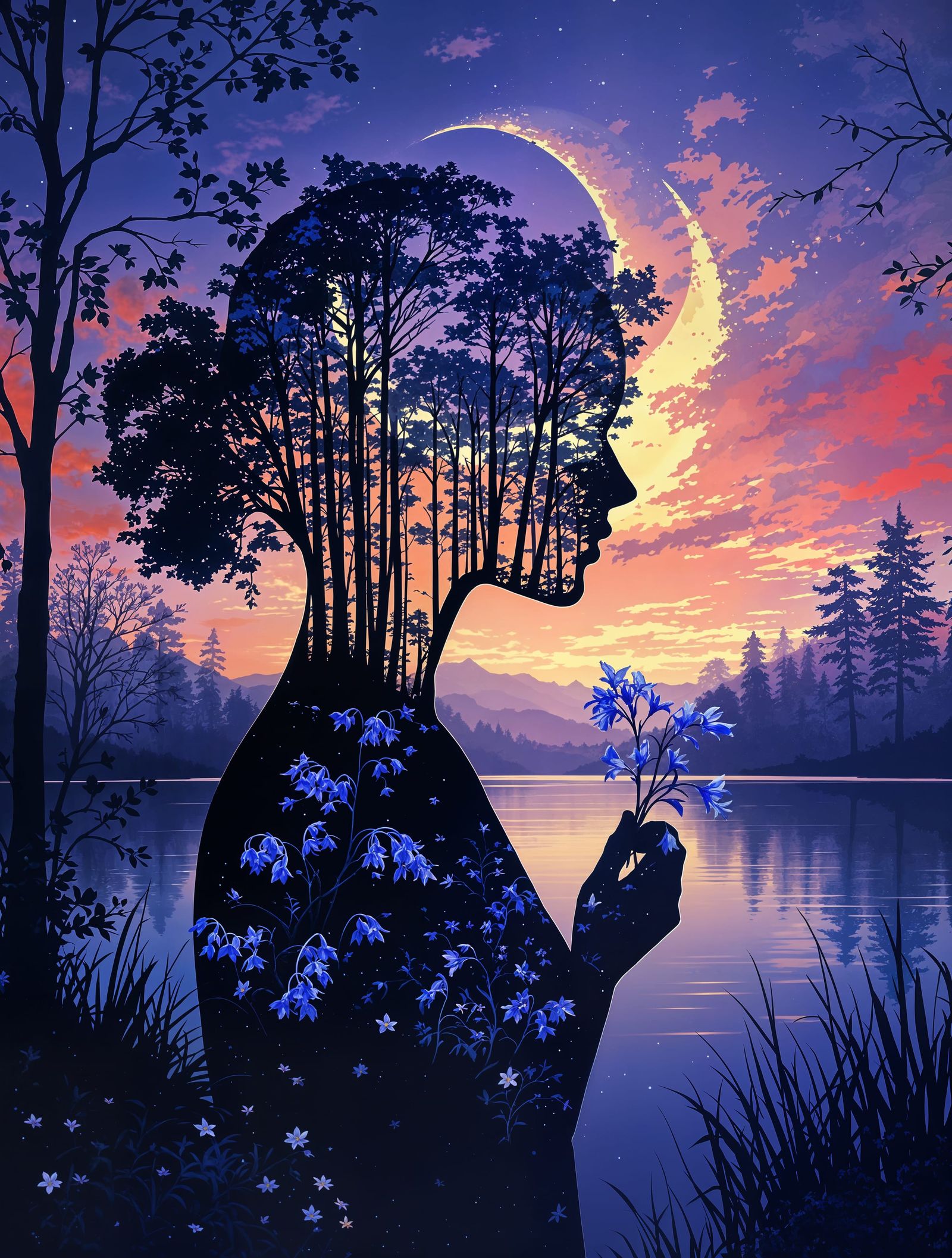 Peaceful Twilight Landscape with Crescent Moon and Bluebells