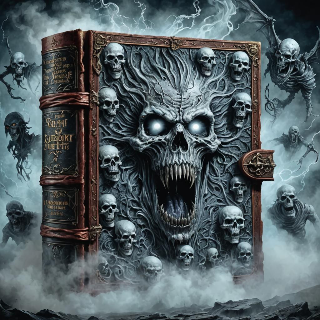 Necronomicon Book with Evil Spirits, Engraving Style