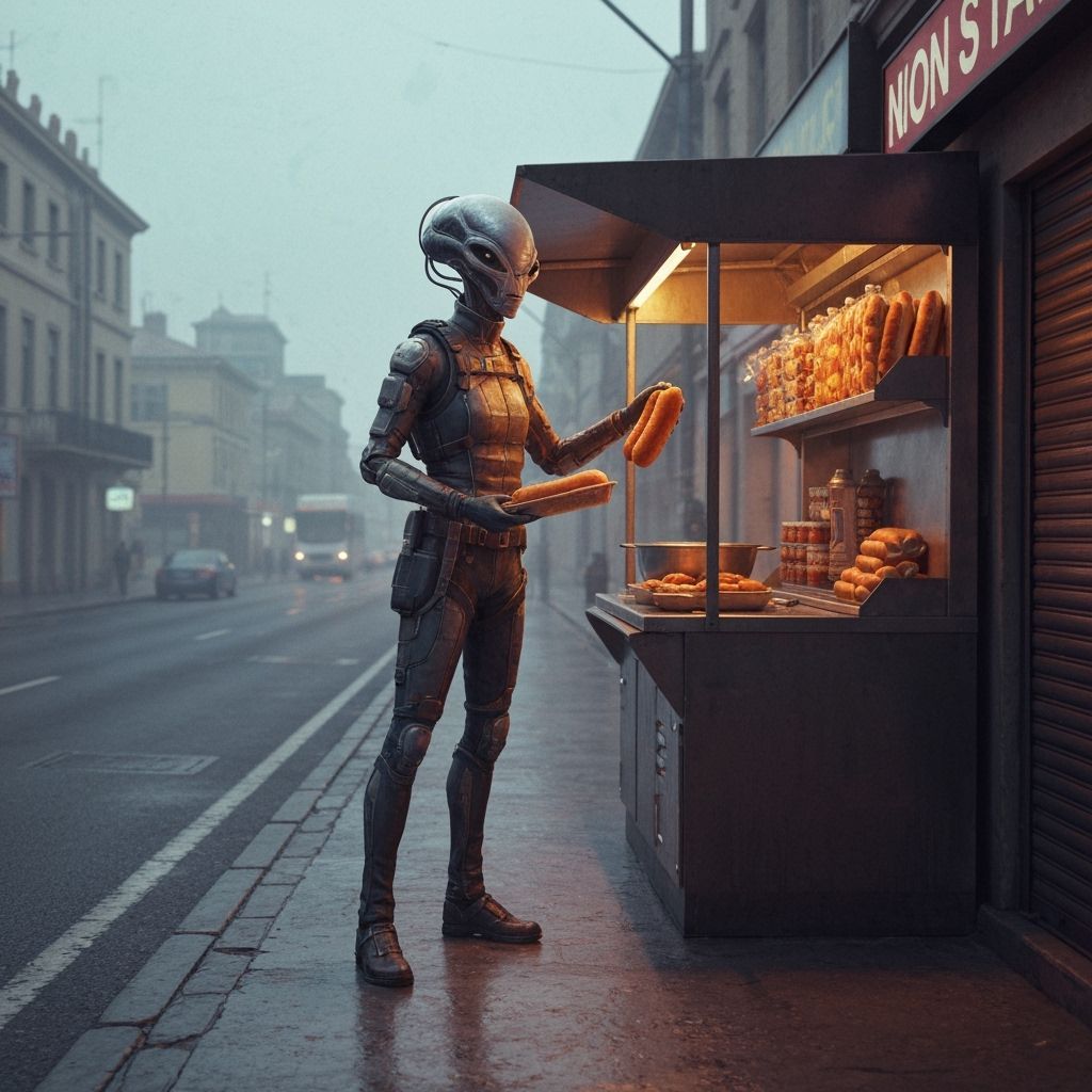Alien Hot Dog Vendor in a Sci-Fi City