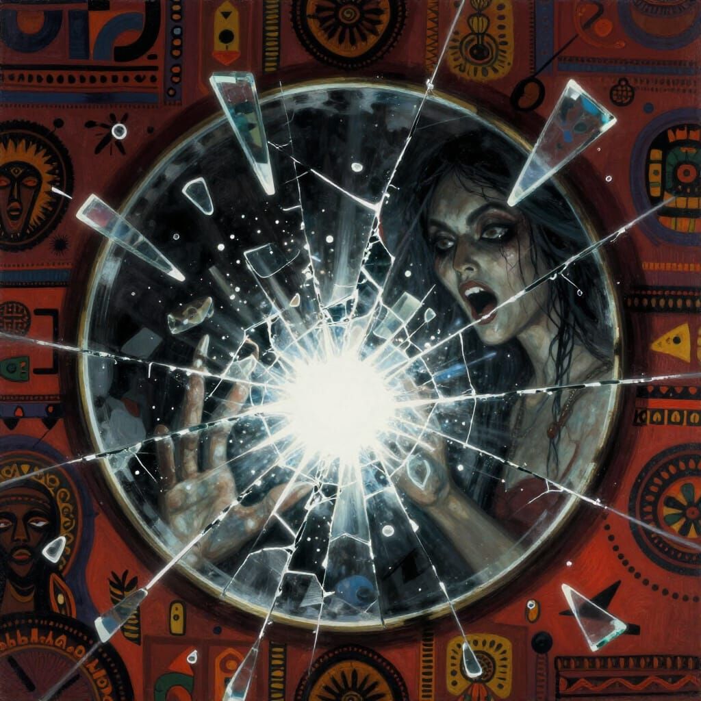 Mirror Shatters With Light, Dark Reflection Frozen Mid-Expre...