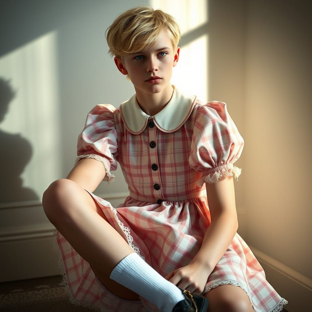 A Masculine Boy in Elegant Pastel Plaid Dress, Delicate Deta...