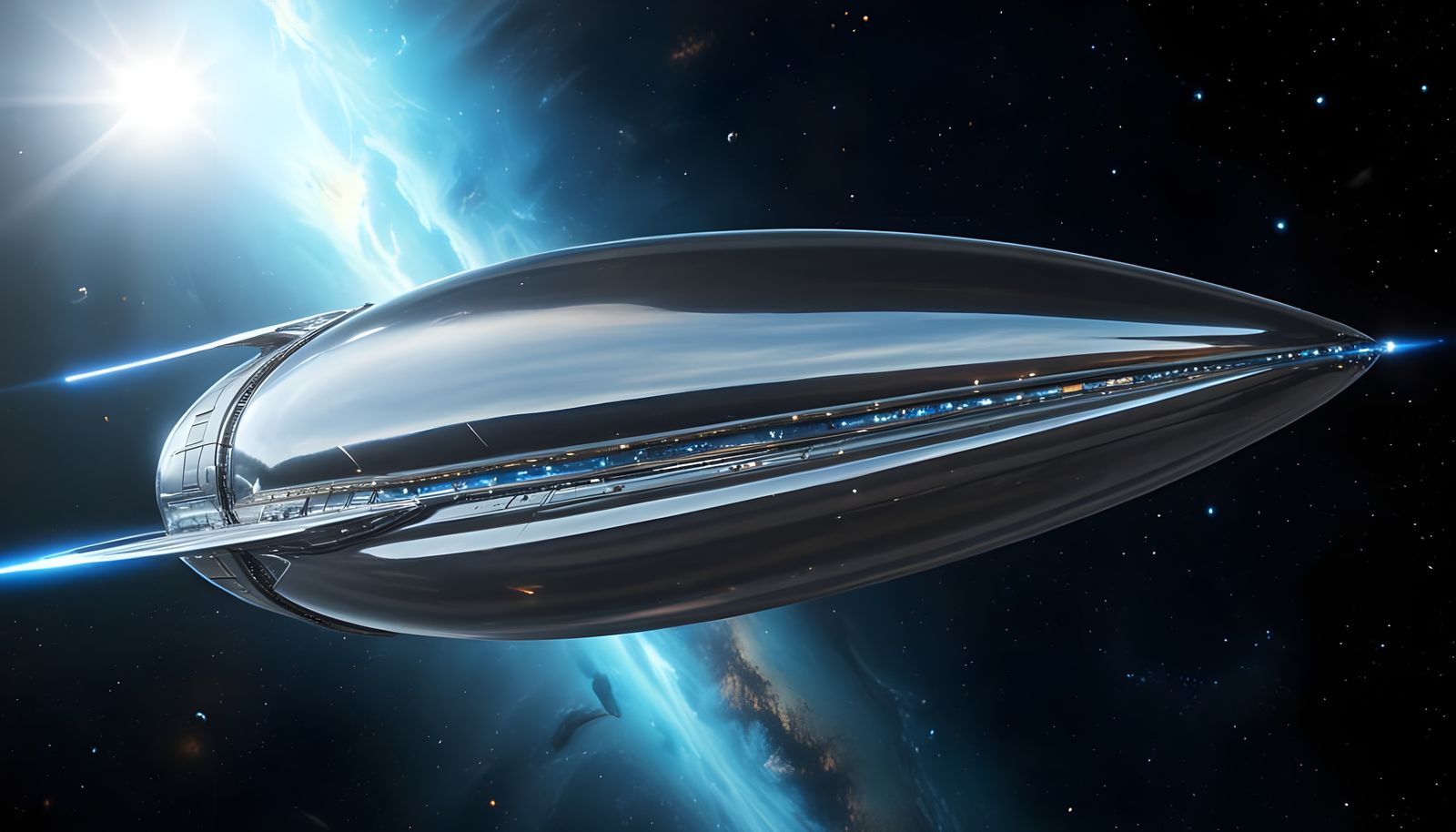 Chrome Starship Soaring Through Space