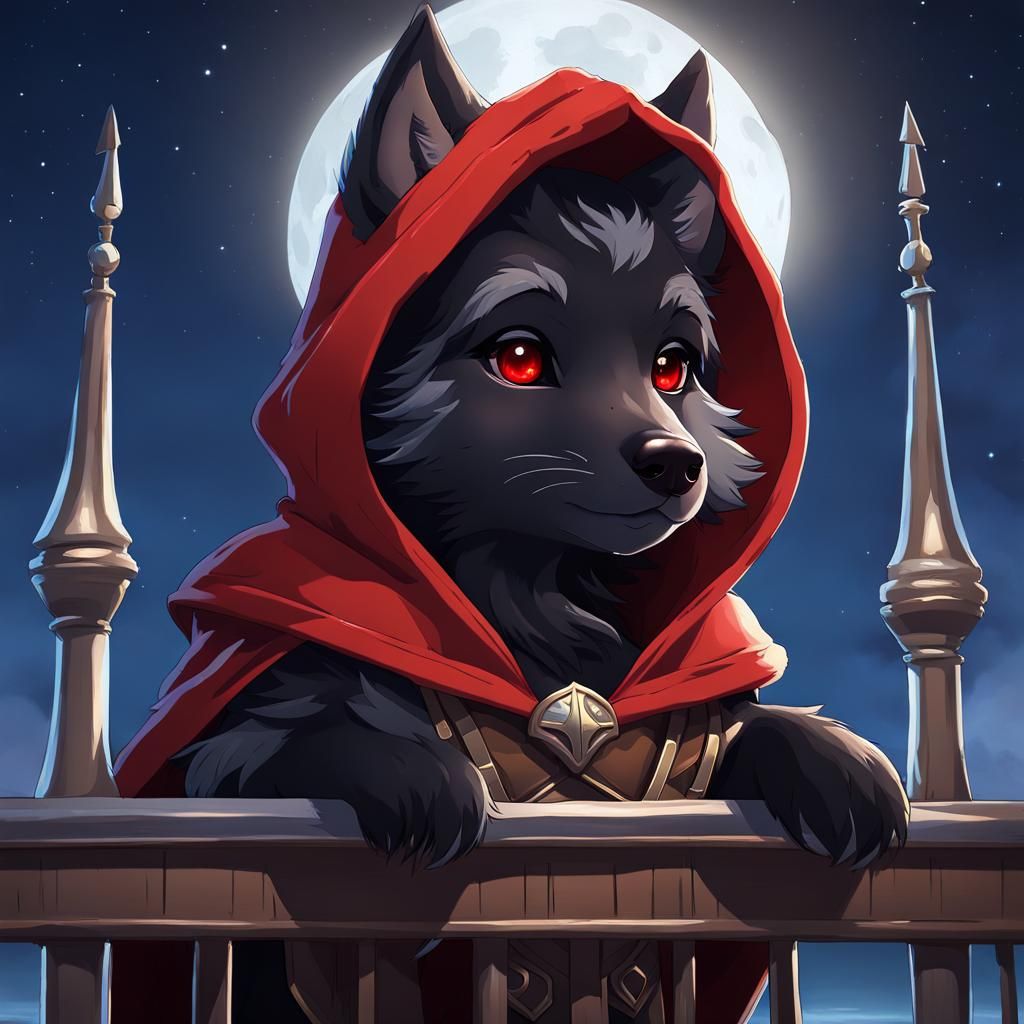 Chibi Wolf in Cloak Gazing at Moonlit Sky