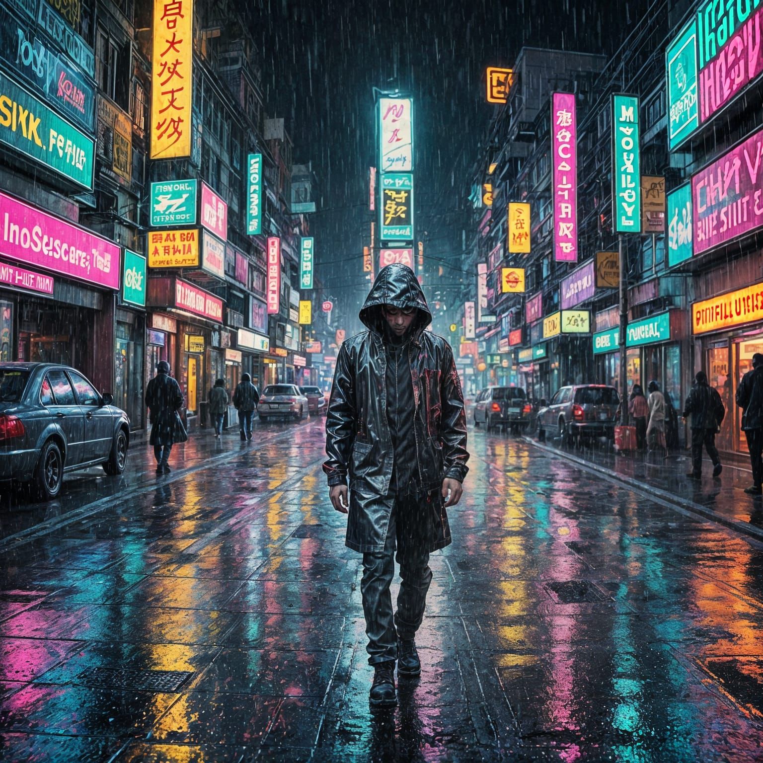 Neon Urban Nightscape in Glitch Art Style